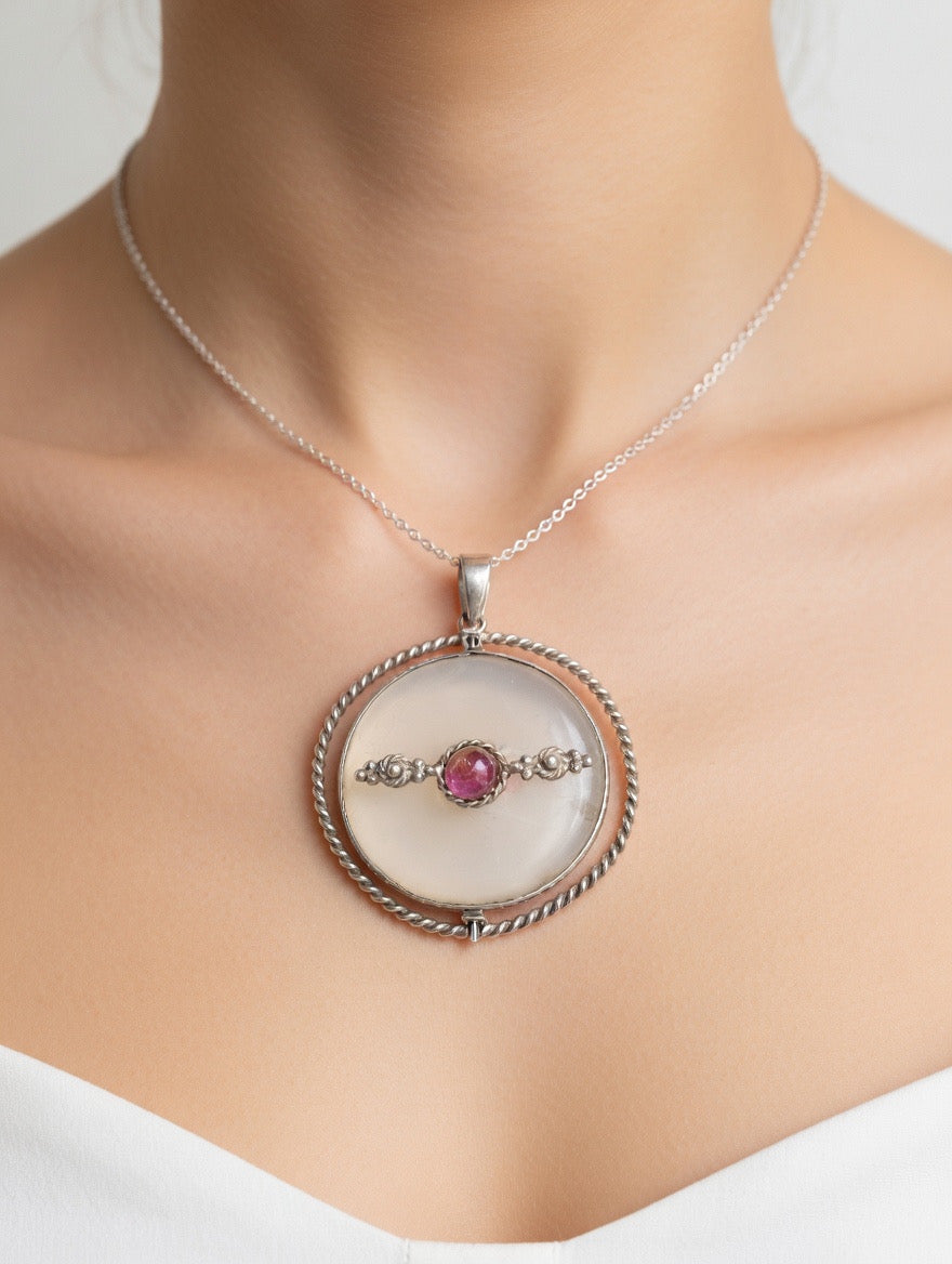 Vintage Silver pendant 2 faces (opal/amethyst)