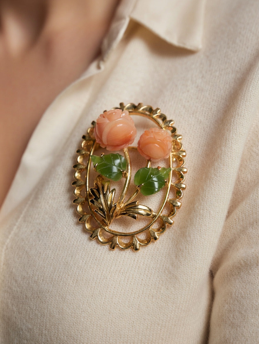 Vintage brooch corals jades