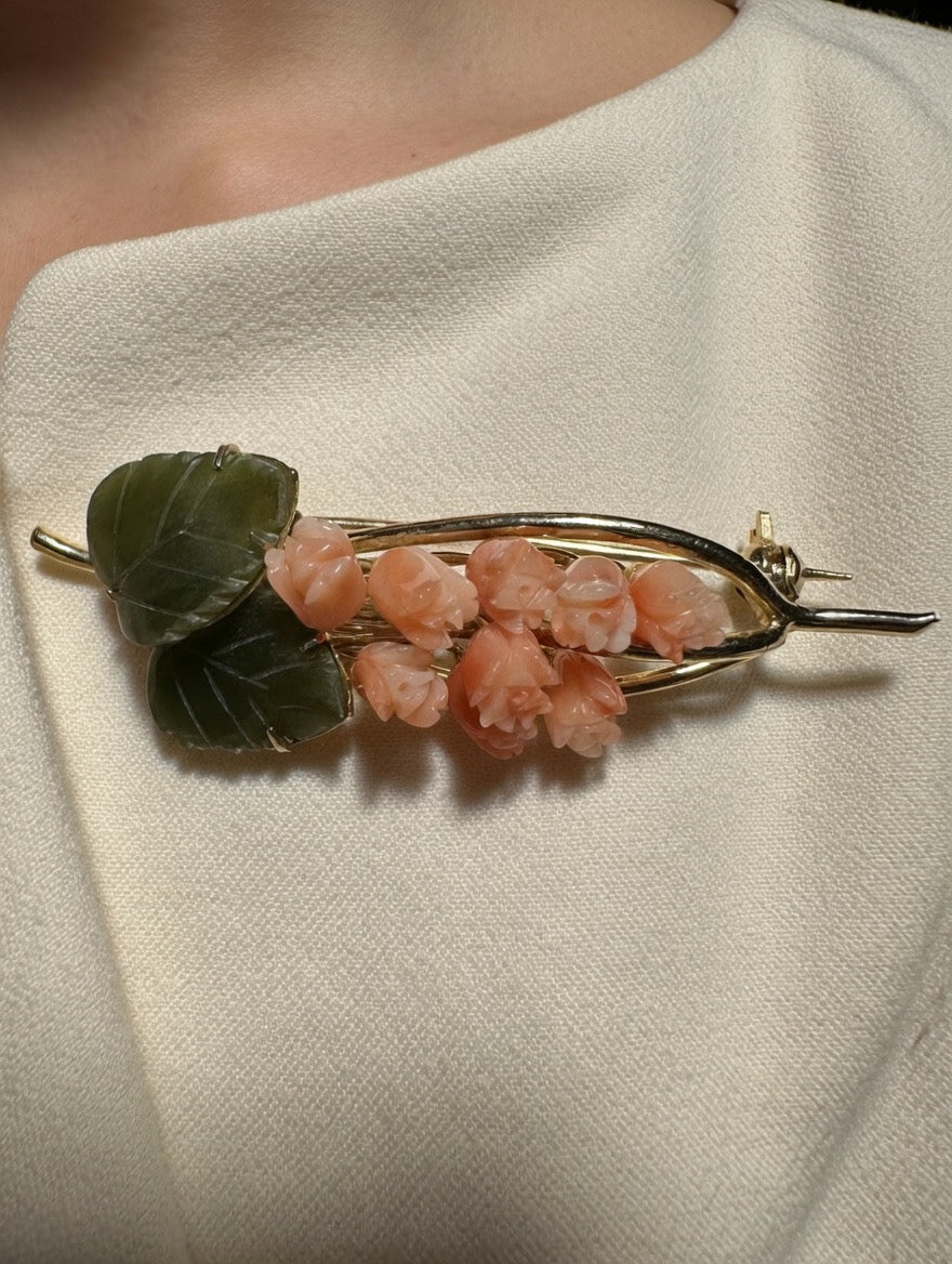 Vintage brooch corals jades