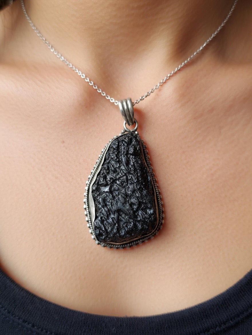 Antique rare green moldavite silver pendant