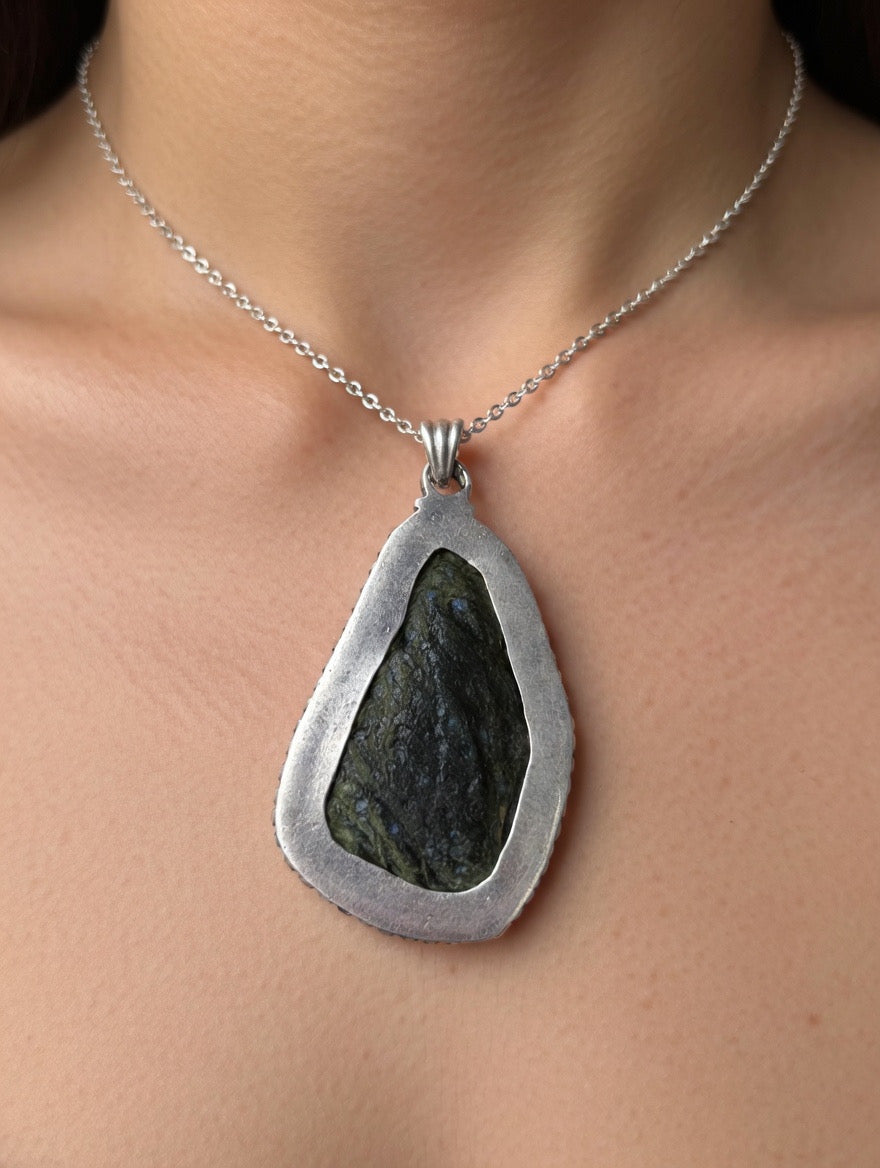Antique rare green moldavite silver pendant